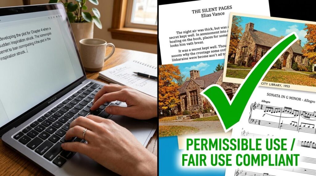 A split-screen image illustrating the concept of fair use compliance.
On the left side, a person types on a laptop at a wooden desk with a notebook labeled “Plot Outline,” a pen, and a coffee mug nearby. The laptop screen shows a draft of a story in progress.
On the right side, several creative works are displayed — a printed manuscript titled The Silent Pages by Elias Vance, a vintage photo labeled “City Library, 1953,” and a sheet of music titled Sonata in G Minor – Allegro. A large green checkmark overlays these items with bold text reading “PERMISSIBLE USE / FAIR USE COMPLIANT.”  
The composition visually conveys lawful, ethical use of copyrighted materials in writing, research, and creative projects.