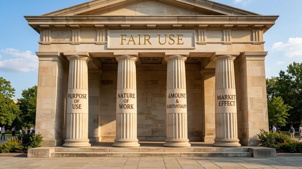 A neoclassical stone building resembling a courthouse or temple stands under a clear blue sky. Its pediment bears the inscription “FAIR USE” in large gold letters. Four tall columns support the structure, each engraved with one of the four factors of fair use: Purpose of Use, Nature of Work, Amount & Substantiality, and Market Effect. The scene is bathed in warm afternoon sunlight, with trees and a few people walking in the background, symbolizing the enduring pillars of copyright law and balanced creative freedom.