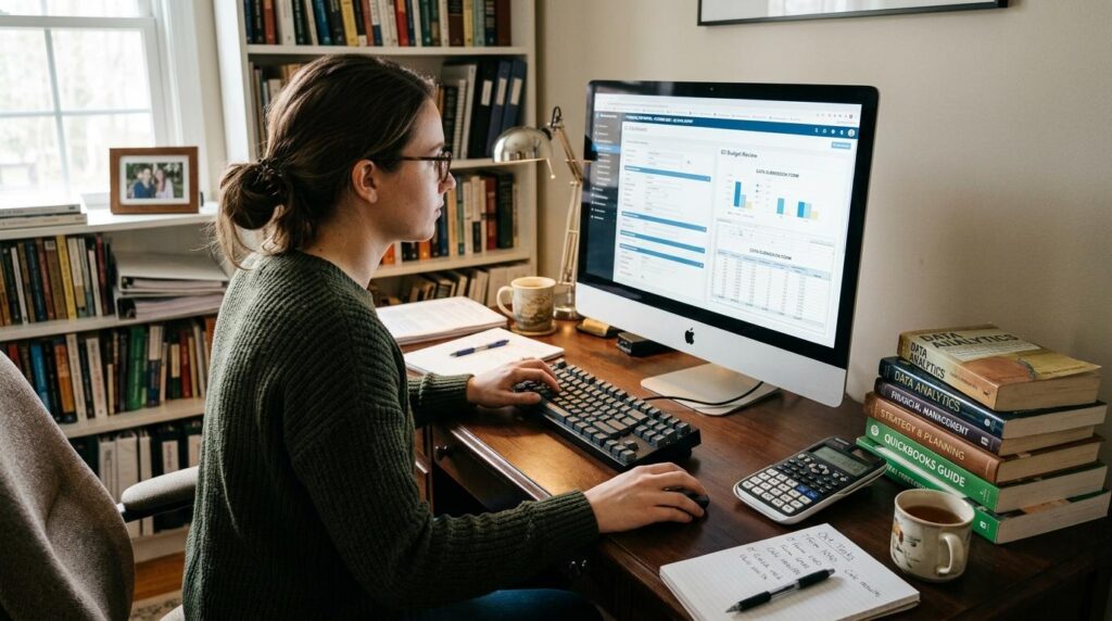 A woman sits at a wooden desk in a home office, focused on a large desktop computer displaying charts, graphs, and data tables related to financial or business analysis. The workspace includes a keyboard, calculator, notebook with handwritten notes about reviewing financials and updating forecasts, and a mug of coffee. A stack of books beside her features titles such as Data Analytics, Financial Management, Strategy & Planning, and QuickBooks Guide. Shelves filled with books line the wall behind her, and natural light streams through a nearby window. The scene conveys a professional, analytical environment centered on data-driven decision-making and productivity.