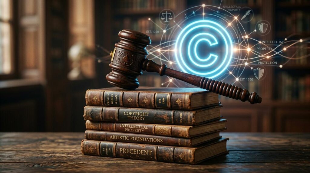 A symbolic image representing copyright and intellectual property law. A polished wooden judge’s gavel rests diagonally atop a stack of five old, leather-bound law books with gold-embossed titles: Creative Works & Laws, Copyright Theory, Intellectual Property, Artistic Foundations, and Precedent. Behind them glows a large blue copyright symbol encircled by digital lines and icons (including a scale of justice, a shield, and a pen) signifying protection, creativity, and legal authority. The background shows a softly lit law library with shelves of books, evoking tradition and scholarship.