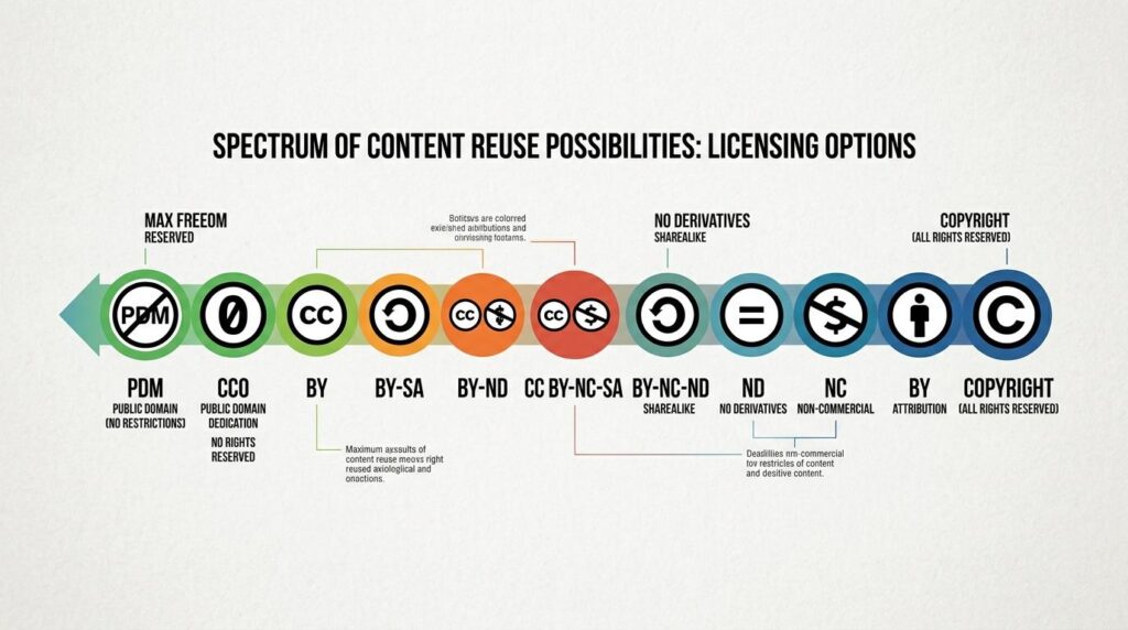 🧩 **Alt Text Description**

An infographic titled **“Spectrum of Content Reuse Possibilities: Licensing Options”** displays a horizontal arrow transitioning from green on the left to blue on the right, illustrating the range from **maximum freedom** to **maximum restriction** in content licensing.  
Each circular icon represents a different license type, arranged from least restrictive to most restrictive:

- **PDM** – Public Domain (no restrictions)  
- **CC0** – Public Domain Dedication (no rights reserved)  
- **BY** – Attribution  
- **BY-SA** – Attribution ShareAlike  
- **BY-ND** – Attribution NoDerivatives  
- **CC BY-NC-SA** – Attribution NonCommercial ShareAlike  
- **BY-NC-ND** – Attribution NonCommercial NoDerivatives  
- **ND** – No Derivatives  
- **NC** – Non-Commercial  
- **BY** – Attribution (repeated)  
- **Copyright** – All Rights Reserved  

Text labels above and below the arrow explain concepts such as “Max Freedom Reserved,” “No Derivatives ShareAlike,” and “Copyright (All Rights Reserved).” The design visually communicates how Creative Commons and copyright licenses vary in terms of reuse, modification, and sharing permissions.
