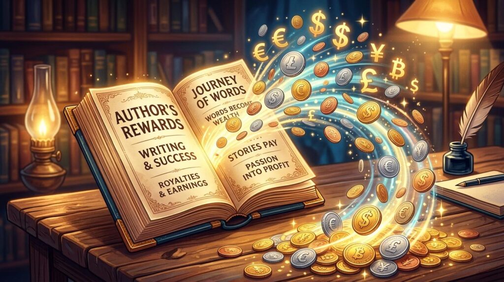 An open book glows on a wooden desk in a warmly lit library, with golden and silver coins and currency symbols (dollar, euro, pound, yen, and bitcoin) swirling magically from its pages. The book’s visible text reads “AUTHOR’S REWARDS,” “WRITING & SUCCESS,” “ROYALTIES & EARNINGS,” “JOURNEY OF WORDS,” “WORDS BECOME WEALTH,” “STORIES PAY,” and “PASSION INTO PROFIT.” Beside the book sit an ink bottle with a quill pen and a notebook, while shelves of books and soft lamps create a cozy, scholarly atmosphere. The scene symbolises how creative writing and storytelling can transform passion into financial success.