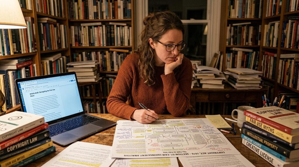 A woman wearing glasses and a rust-colored sweater sits at a wooden desk surrounded by tall bookshelves filled with books. She is focused on studying a large sheet of paper covered in handwritten notes, highlights, and diagrams titled “Copyright Act, 1976 – Section 02: Fair Use Significant Analysis.” An open laptop beside her displays a document titled “Article Draft: Navigating the Fair Use Maze.” The desk is cluttered with papers, pens, a mug, and stacks of books on copyright and intellectual property law, including titles such as 'Copyright Law', 'Fair Use Myths', and 'Creative License'. Warm lamplight illuminates the scene, creating a cozy, scholarly atmosphere.