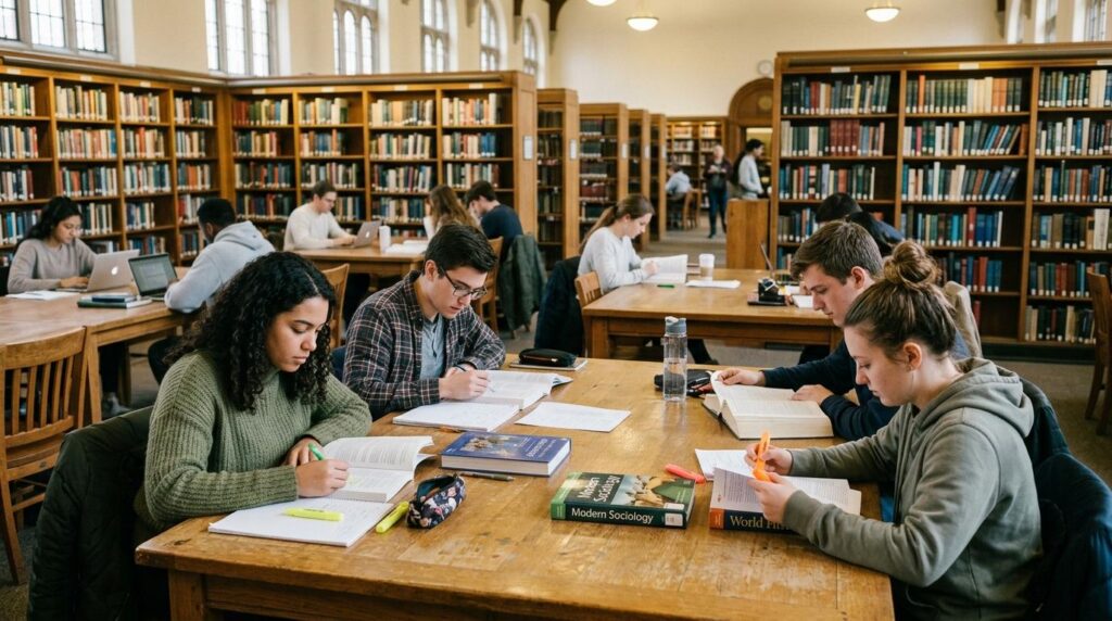 A spacious, sunlit library with tall wooden bookshelves filled with books. Several students sit at large wooden tables, deeply focused on reading, writing, and studying. Some have laptops open, while others use notebooks, highlighters, and textbooks titled Modern Sociology and World History. The atmosphere is quiet and studious, with natural light streaming through arched windows and warm overhead lamps illuminating the room. The scene conveys concentration, collaboration, and academic dedication in a classic library setting.