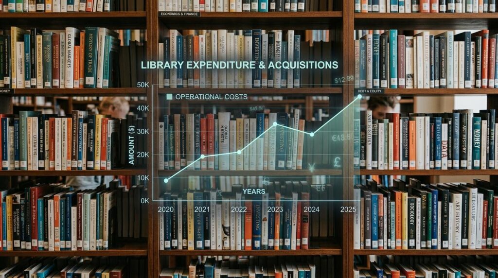 Bookshelves filled with volumes on economics, finance, art history, sociology, and literature form the backdrop of a library. Superimposed over the shelves is a glowing digital chart titled “Library Expenditure & Acquisitions.” The chart shows a line graph labeled “Operational Costs” with the vertical axis marked “Amount ($)” ranging from 0K to 50K, and the horizontal axis labeled “Years” from 2020 to 2025. The line rises steadily with a slight dip between 2023 and 2024, indicating increasing costs over time. Currency symbols and values such as $, €, £, and ¥ appear near the graph, blending the traditional library setting with modern data visualisation.