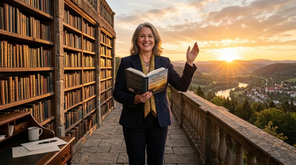 A smiling woman stands on a stone terrace lined with tall bookshelves filled with old, leather-bound volumes. She holds an open book titled “The Morning Chronicles” by Bernard Wars, gesturing warmly as the sun sets over a picturesque valley with a winding river and distant village below. A wooden desk nearby holds a mug, pen, and papers, adding to the scholarly atmosphere. The golden light of sunset bathes the scene, symbolizing inspiration, storytelling, and the enduring connection between literature and landscape.