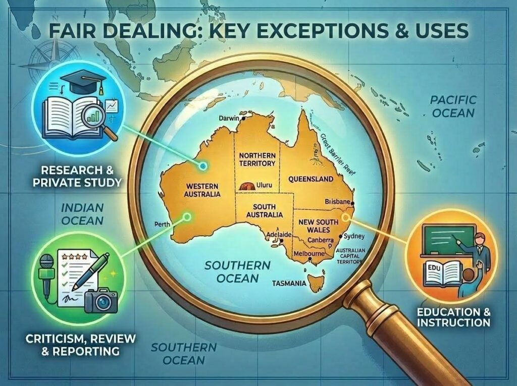 An illustrated infographic titled “Fair Dealing: Key Exceptions & Uses” features a magnified map of Australia at its center, showing major states and cities such as Perth, Darwin, Adelaide, Melbourne, Sydney, Brisbane, and Canberra. Surrounding the map are three colorful circular icons representing the main exceptions under fair dealing in copyright law:
Top left (blue): A graduation cap, open book, and magnifying glass symbolize Research & Private Study.
Bottom left (green): A microphone, camera, checklist, and pen represent Criticism, Review & Reporting.
Right (orange): A teacher at a chalkboard with a student and an open book labeled “EDU” illustrate Education & Instruction.