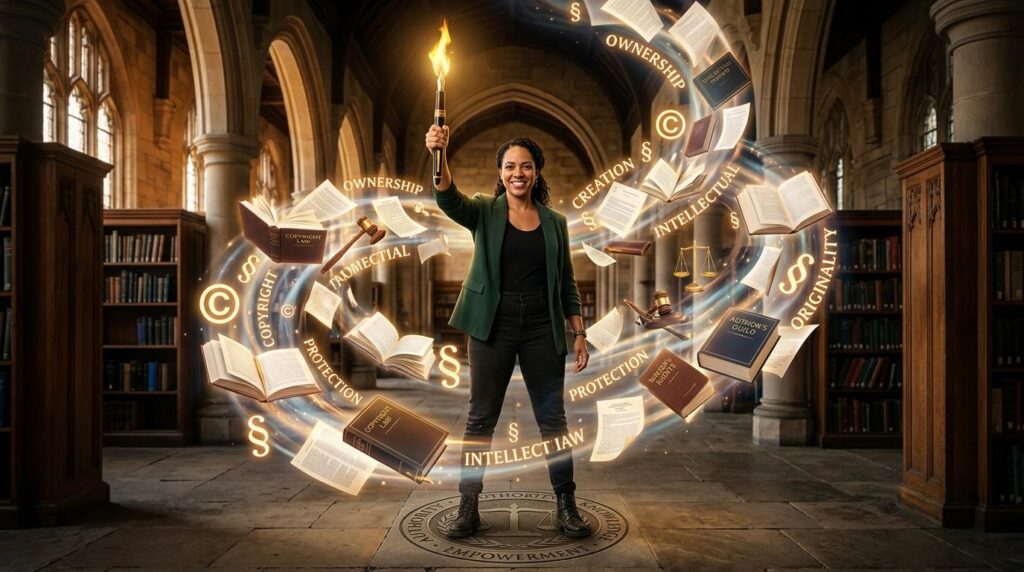 A dynamic, symbolic image set in a grand, cathedral-like library with tall arched windows and shelves of books. At the center stands a confident woman holding a glowing torch aloft, surrounded by a swirling ring of floating books, papers, gavels, scales of justice, and golden legal symbols. Illuminated words encircle her.