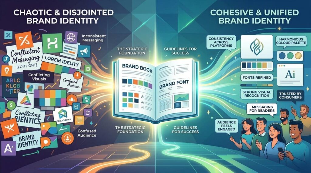 An infographic comparing chaotic versus cohesive brand identity. On the left, labeled 'Chaotic & Disjointed Brand Identity', mismatched logos, fonts, and colours illustrate inconsistent messaging and confused audiences. In the center, an open 'Brand Book' shows colour palettes and font guidelines, symbolizing strategic foundation and success. On the right, labeled 'Cohesive & Unified Brand Identity', consistent colours, refined fonts, and unified visuals represent harmony, trust, and audience engagement. The image contrasts disorganization with clarity and professionalism in branding.