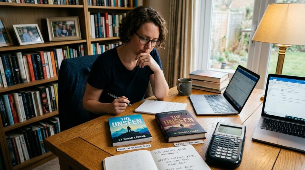 A woman working at a wooden desk in a home office or study. She appears focused, holding a pen and looking at notes in front of her. On the desk are two laptops, a calculator, a notebook, a mug, and two copies of a book titled “The Unseen” by Sarah Latham, one with a blue cover and one with a purple cover. Each book has a small label: ‘PRINT-ON-DEMAND (POD)’ and ‘OFFSET PRINTING’. The notebook includes handwritten cost comparisons between the two printing methods and an analysis of publishing options. Behind her is a bookshelf filled with books and framed family photos, and a lamp provides warm light beside the window overlooking a garden.