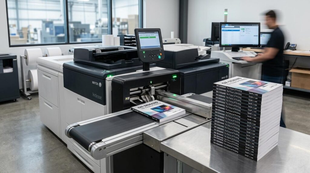 A digital printing press in a clean production room prints books titled 'ON DEMAND: The Future of Printing' by Sarah J. Lee, with a technician working nearby.
