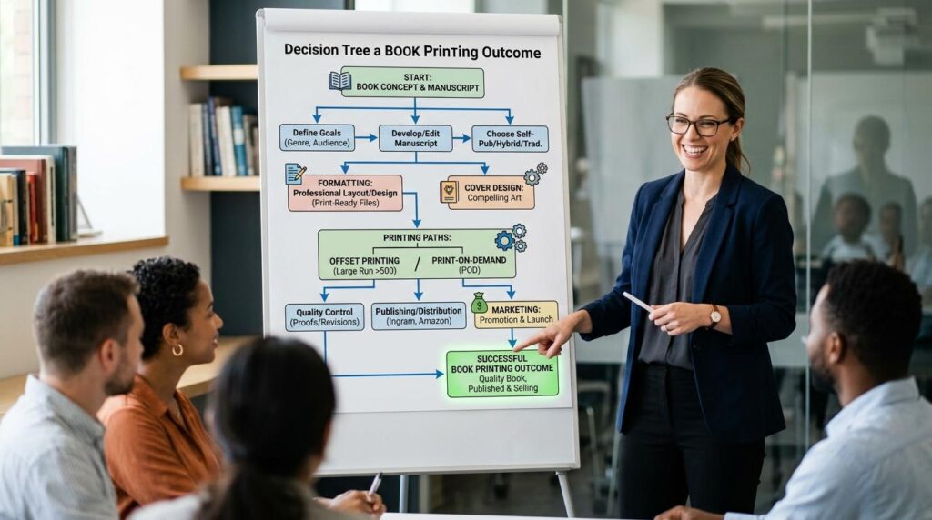 A smiling presenter in a blazer leads a discussion on book publishing, pointing to a colorful flowchart labeled “Decision Tree a BOOK Printing Outcome.” The chart includes steps such as defining goals, editing the manuscript, choosing publishing type, formatting, cover design, selecting printing paths (offset or print‑on‑demand), quality control, distribution, marketing, and achieving a successful book printing outcome. Three attendees listen attentively in a modern office with bookshelves and glass walls.