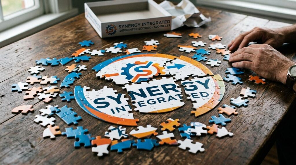 A person is assembling a jigsaw puzzle on a wooden table near a window. The puzzle shows a circular logo with gears and arrows in blue, orange, and white, and the words 'SYNERGY INTEGRATED.' The puzzle box nearby reads 'SYNERGY INTEGRATED (Disjointed Edition) – 500 pieces.' Several pieces are scattered around, and the person’s hands are mid‑assembly. The scene symbolises teamwork, integration, and bringing separate parts together to form a cohesive whole.