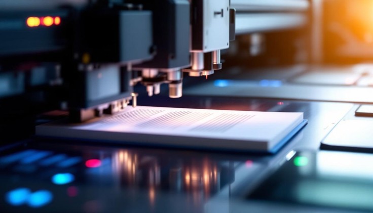 A close‑up view of a modern industrial printer producing a sheet or book page, with illuminated print heads and glowing indicator lights in a high‑tech manufacturing environment.