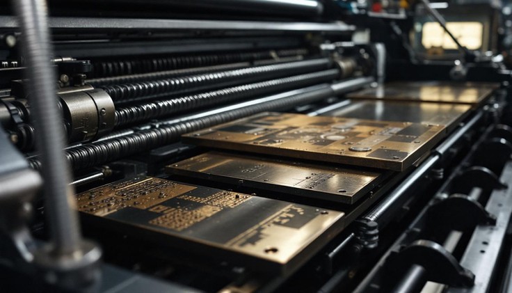 A detailed close-up of an offset printing press with golden metal plates arranged on rollers, highlighting the mechanical precision and craftsmanship of industrial printing technology.
