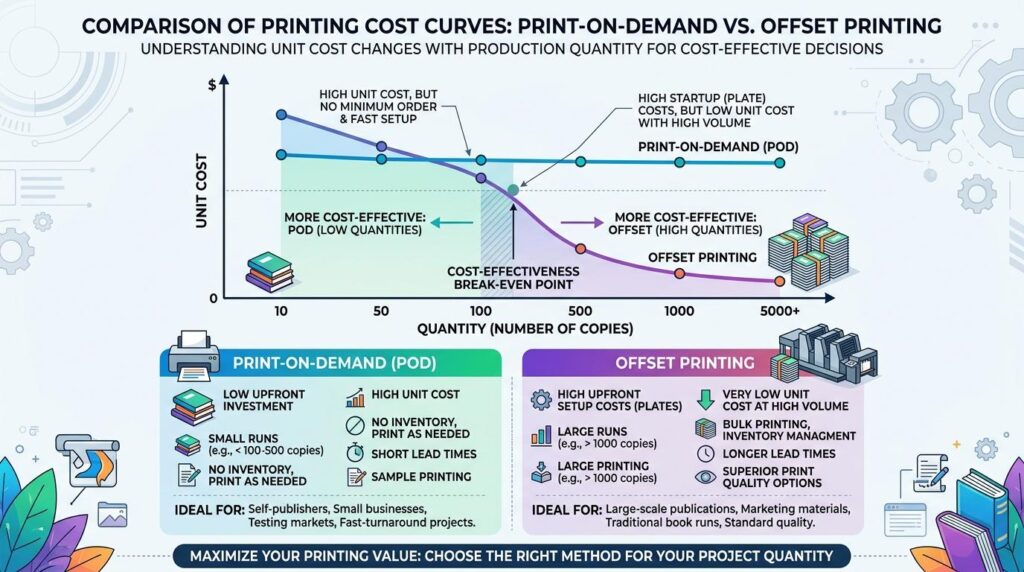 An illustrated infographic titled “Comparison of Printing Cost Curves: Print‑on‑Demand vs. Offset Printing.” It features a graph with two lines—blue for POD and purple for Offset—plotting unit cost against quantity. The POD line starts high and flattens, while the Offset line begins high and drops steeply, crossing at a shaded “break‑even point.” Below the chart, two panels summarize each method:

Print‑on‑Demand (POD): low upfront investment, small runs (<500 copies), no inventory, short lead times, ideal for self‑publishers and small businesses.

Offset Printing: high setup costs, large runs (>1000 copies), low unit cost at high volume, superior quality, ideal for large‑scale publications and marketing materials.
Decorative icons of printers, books, and gears frame the design, with a banner reading “Maximize your printing value: choose the right method for your project quantity.”