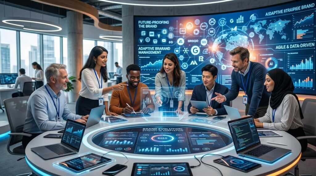 A diverse team of eight professionals collaborates around a futuristic circular table in a modern office with large windows overlooking a city skyline. The table and surrounding screens display vibrant digital graphics, charts, and data visualisations related to brand management, artificial intelligence, and analytics. Text on the screens includes phrases such as “Future-Proofing the Brand,” “Adaptive Brand Management,” and “Agile & Data-Driven.” The group appears engaged and focused, discussing strategies and reviewing metrics. The scene conveys innovation, teamwork, and a forward-thinking approach to brand evolution in a high-tech environment.