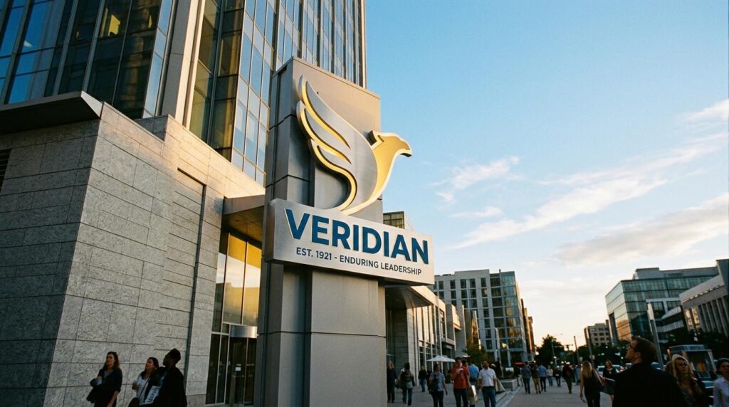 A modern city street scene at sunset featuring a tall glass and stone office building with a large sign that reads “VERIDIAN – Est. 1921: Enduring Leadership.” Above the text is a gold and silver stylised bird logo mounted on the building’s exterior. People walk along the footpath in front of the building, some chatting and others heading in different directions. The surrounding architecture includes contemporary glass-fronted buildings, and the sky is clear with soft clouds illuminated by the evening light. The image conveys professionalism, heritage, and corporate strength in an urban setting.