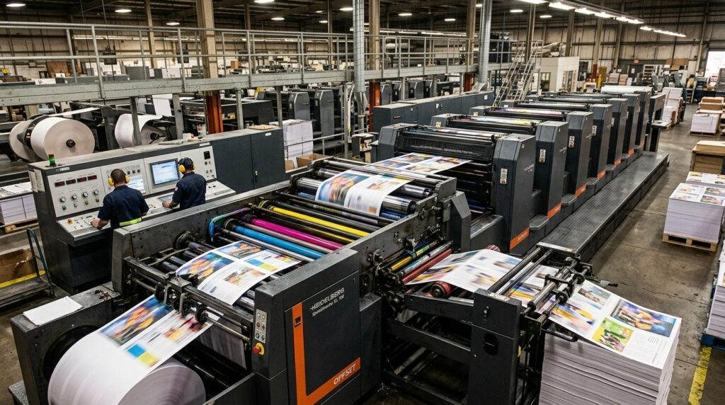A large offset printing press in a factory produces full-colour sheets while two operators monitor controls, surrounded by stacks of paper and industrial machinery.