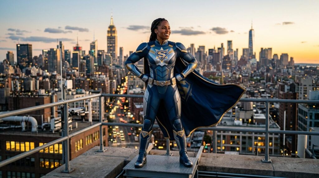 A woman dressed in a detailed blue and gold superhero costume stands confidently on a rooftop overlooking the New York City skyline at sunset. Her outfit features a metallic “S” emblem on the chest and belt, armour-like panels, and a flowing cape. The cityscape behind her includes the Empire State Building and other skyscrapers glowing in the warm evening light. The scene conveys strength, empowerment, and optimism against an urban backdrop.