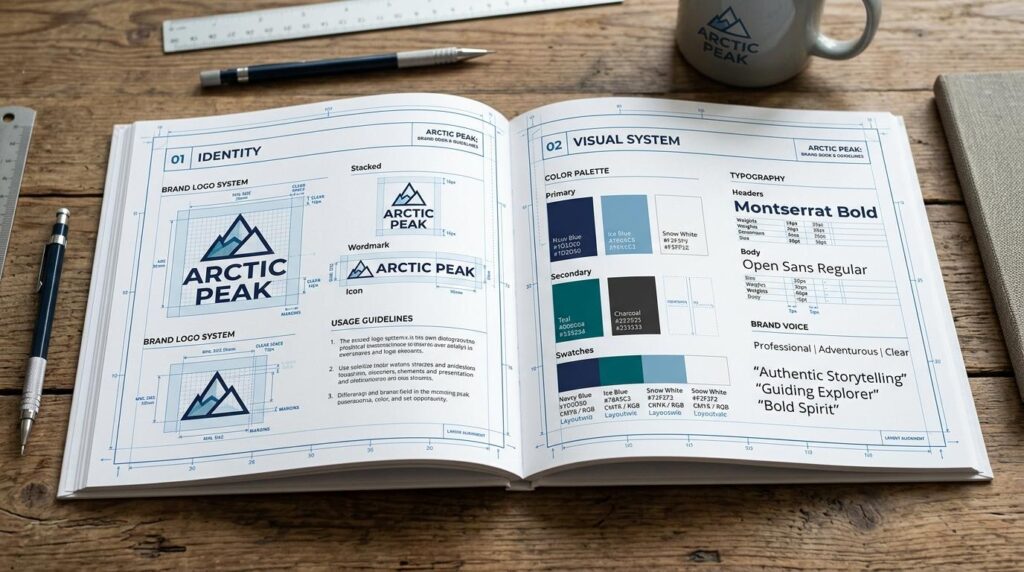 An open brand guideline book titled “ARCTIC PEAK: Brand Book & Guidelines” sits on a wooden desk surrounded by a pen, ruler, notebook, and a coffee mug featuring the same logo. The pages display detailed design specifications for the brand’s identity and visual system, including logo layouts, colour palette, typography, and brand voice. The left page outlines logo variations labelled “Stacked,” “Wordmark,” and “Icon,” while the right page shows colour swatches in navy, teal, ice blue, and white, along with font details for Montserrat Bold and Open Sans Regular. The setup conveys professionalism, precision, and the importance of consistent branding.