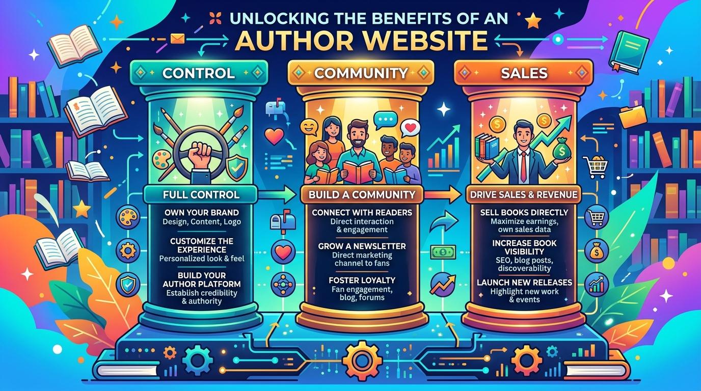 A vibrant infographic titled “Unlocking the Benefits of an Author Website.” It features three colorful columns labeled Control, Community, and Sales, each with icons and short descriptions. The Control section highlights owning your brand, customizing the experience, and building an author platform. The Community section emphasizes connecting with readers, growing a newsletter, and fostering loyalty. The Sales section focuses on selling books directly, increasing visibility, and launching new releases. The background shows bookshelves, open books, and digital symbols, representing creativity and online engagement.