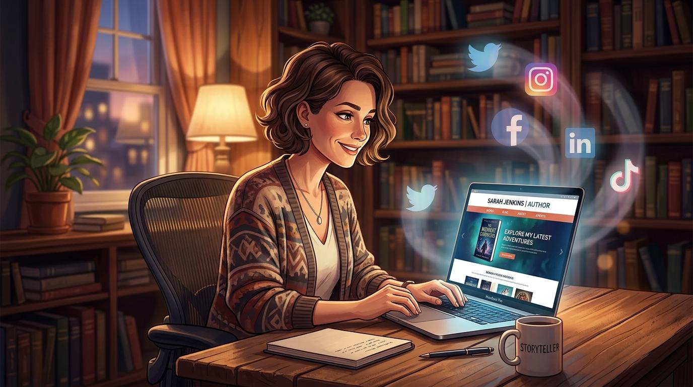 An illustration of a smiling woman sitting at a desk in a cozy, book‑filled study at night. She types on a laptop displaying her author website, “Sarah Jenkins | Author,” while icons for Twitter, Instagram, Facebook, LinkedIn, and TikTok float around her, symbolizing social media engagement. A notebook, pen, and a mug labeled “Storyteller” rest on the desk, lit warmly by a nearby lamp.