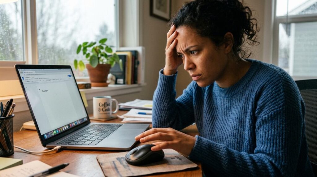 A woman wearing a blue sweater sits at a wooden desk, looking frustrated while working on a laptop. She rests one hand on her forehead and uses a computer mouse with the other. The laptop screen shows a document titled ‘Four Report.’ A mug labeled ‘Coffee & Code,’ a potted plant, and papers are visible on the desk near a window on a rainy day.