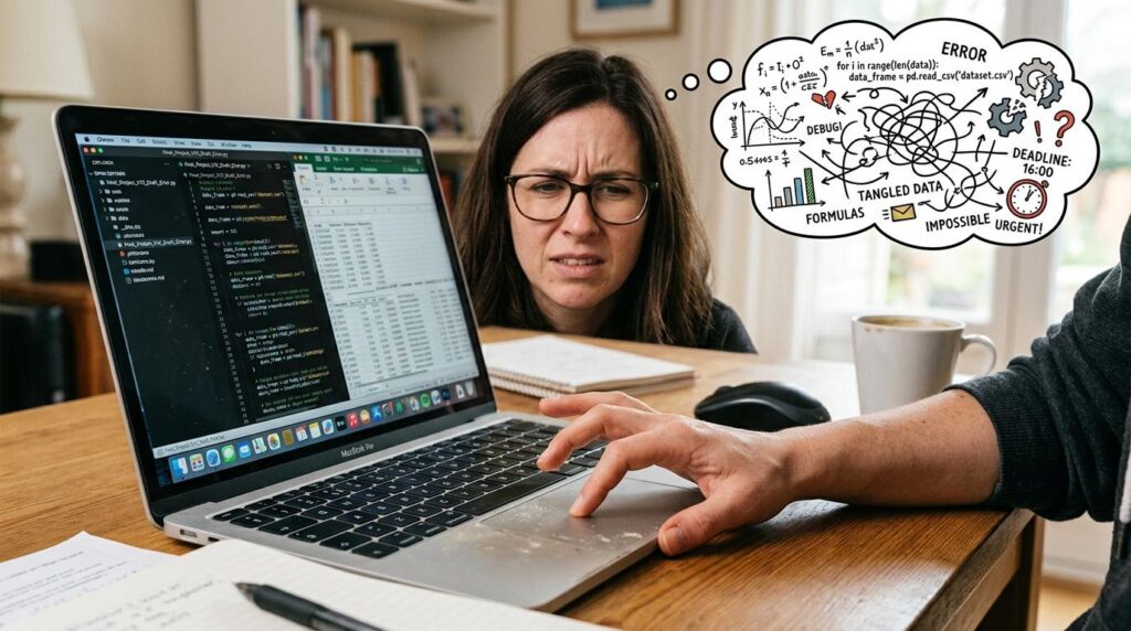 A woman wearing glasses looks frustrated while sitting at a desk with a laptop displaying code and a spreadsheet. A thought bubble above her head shows chaotic sketches of formulas, graphs, tangled lines, and words like ‘ERROR,’ ‘DEBUG,’ ‘TANGLED DATA,’ ‘IMPOSSIBLE,’ and ‘DEADLINE: 16:00,’ illustrating confusion and stress while working on data analysis or programming.