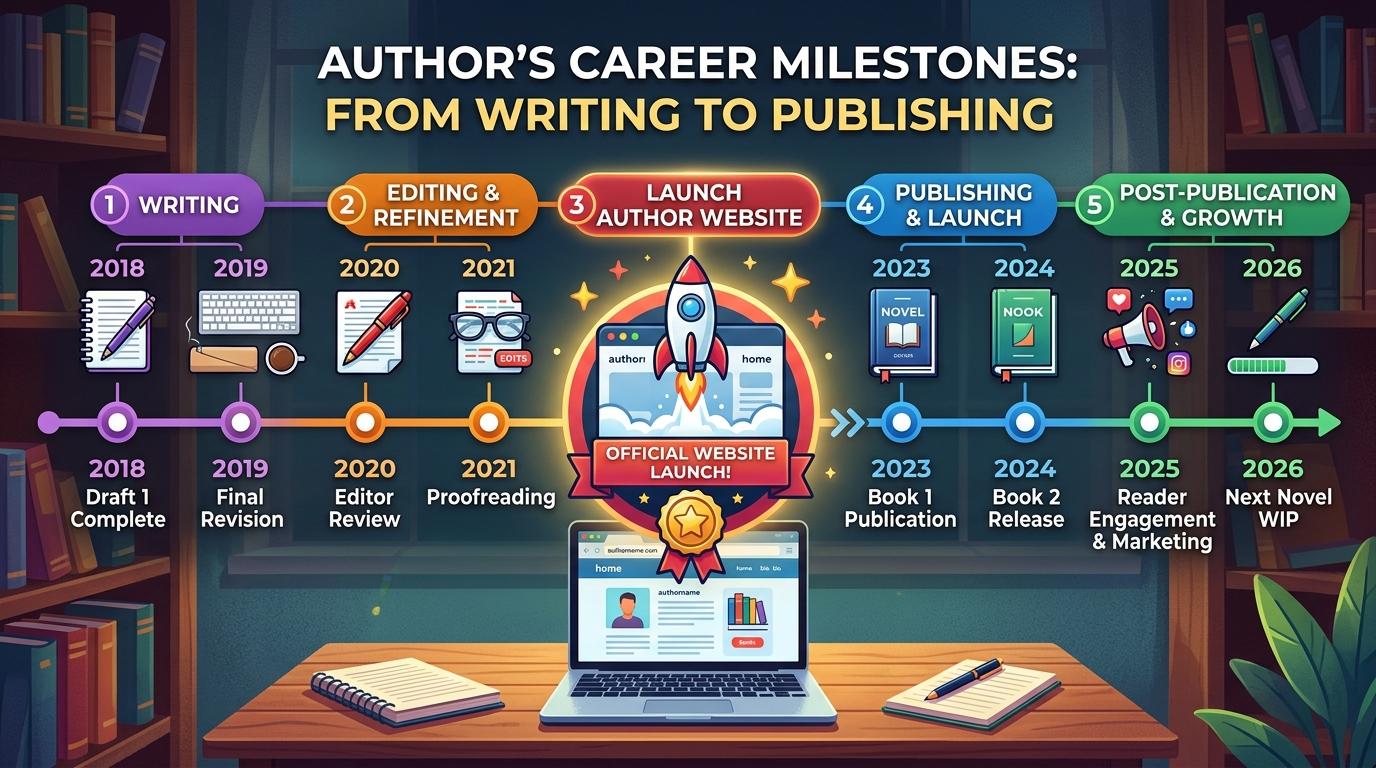An illustrated infographic titled “Author’s Career Milestones: From Writing to Publishing.” It shows a colorful timeline across five stages: Writing (2018–2019) with icons of notebooks and keyboards; Editing & Refinement (2020–2021) featuring pens and proofreading glasses; Launch Author Website (2021) highlighted by a rocket and laptop; Publishing & Launch (2023–2024) with book icons; and Post‑Publication & Growth (2025–2026) showing marketing symbols and a pen for the next novel. The background includes bookshelves and a desk with a notebook and laptop, symbolising an author’s creative journey.