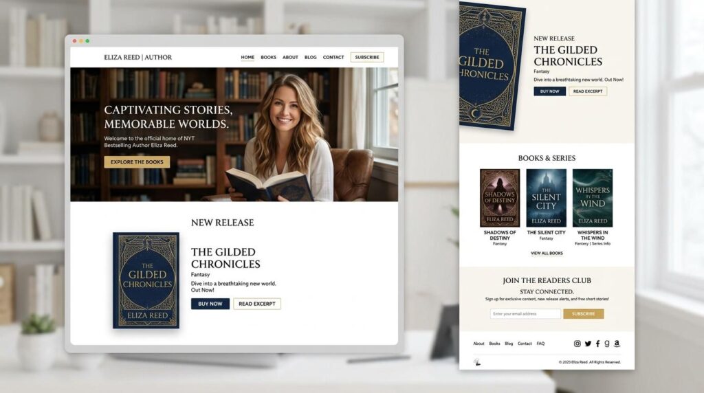 A professional author website mock‑up for Eliza Reed. The homepage features a smiling woman reading a book in a cozy library setting. The header reads “Eliza Reed | Author” with navigation links for Home, Books, About, Blog, Contact, and Subscribe. The main section promotes her new fantasy release, The Gilded Chronicles, with buttons for “Buy Now” and “Read Excerpt.” A sidebar highlights other titles—Shadows of Destiny, The Silent City, and Whispers in the Wind—and invites visitors to join the Readers Club by subscribing via email. The design is elegant, modern, and book‑focused.