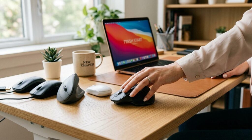 A person seated at a tidy wooden desk tests several computer mice lined up in a row. Their hand rests on one mouse while a laptop in the background displays a colorful screen with the words ‘Fresh Start.’ A coffee mug labeled ‘New Chapter’ and a small potted plant sit nearby, creating a calm, organized workspace with natural light streaming through the window.