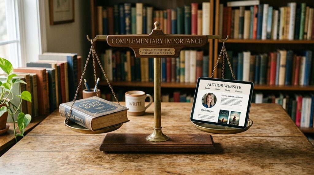 A symbolic image showing a brass balance scale on a wooden desk in a cozy library. On one side of the scale rests a hardcover book titled Great Book by Olivia Harper, and on the other side, a tablet displaying an author website for Olivia Harper with her photo and book listings. The scale’s central plaque reads “Complementary Importance – Equally Essential for Author Success.” Behind the scale are shelves filled with books, a mug labeled “WRITE,” and a potted plant near a sunlit window. The image represents the equal value of traditional books and digital presence for modern authors.