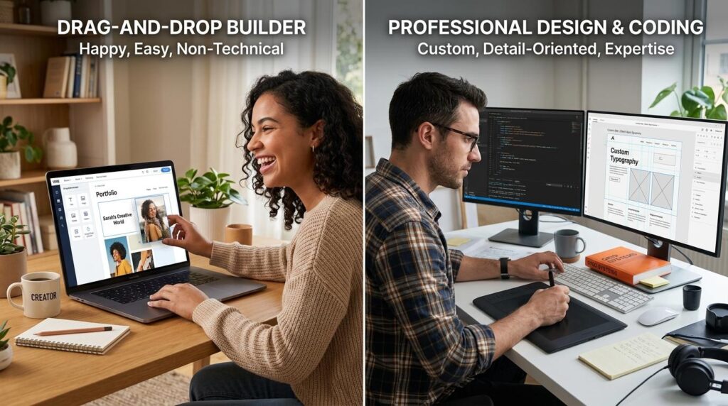 A split image comparing two website creation approaches. On the left, a smiling woman works on a laptop using a drag‑and‑drop website builder labeled “Portfolio – Sarah’s Creative World.” The caption above reads “DRAG‑AND‑DROP BUILDER: Happy, Easy, Non‑Technical.” Her workspace includes a notebook, pen, and a mug labeled “CREATOR.” On the right, a man focuses on coding and design at a desk with two large monitors showing code and a layout titled “Custom Typography.” The caption above reads “PROFESSIONAL DESIGN & CODING: Custom, Detail‑Oriented, Expertise.” The scene contrasts simplicity versus technical customisation.