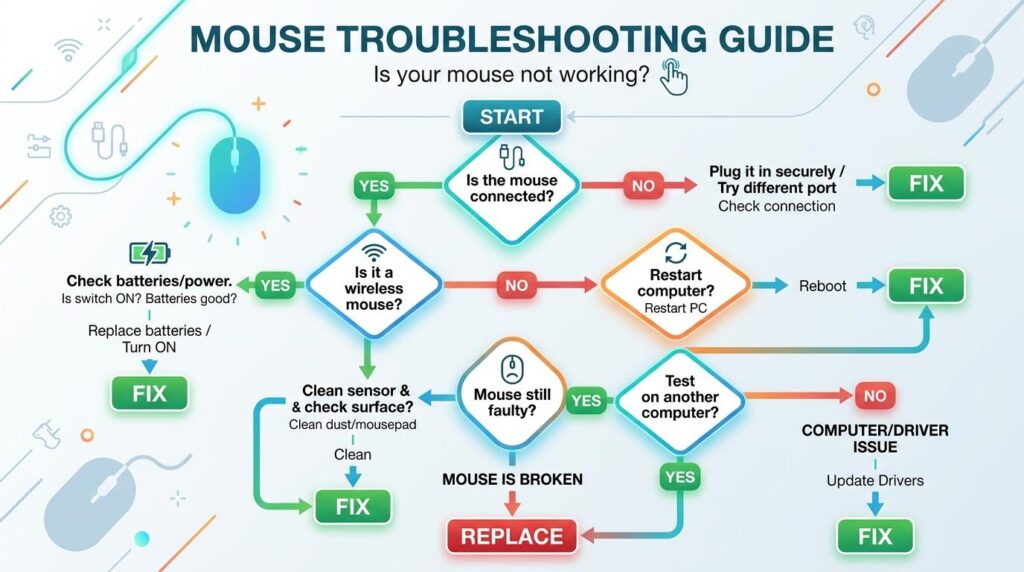 An illustrated flowchart titled ‘Mouse Troubleshooting Guide’ showing steps to fix a non-working computer mouse. It begins with checking if the mouse is connected, then proceeds through options like verifying wireless power, cleaning sensors, restarting the computer, testing on another device, and updating drivers. Green boxes labeled ‘FIX’ mark successful solutions, and a red box labeled ‘REPLACE’ indicates when the mouse is broken.