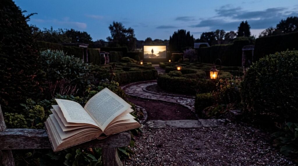 An open book rests on a wooden bench in a twilight garden, surrounded by lush greenery and a winding stone path. Lanterns cast a warm glow along the path leading to an outdoor screen showing a silhouetted figure against a bright sky. The scene evokes a sense of storytelling and imagination, blending literature and cinema in a tranquil, evening setting.