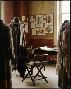 A warmly lit vintage studio with a rustic atmosphere. A wooden chair draped with a deep red velvet fabric sits before a dark wooden table holding an open book, eyeglasses, and a cup. Behind the table, a corkboard covered with abstract sketches and handwritten notes decorates the wall. Three mannequins dressed in neutral-toned coats, scarves, and a wide-brimmed hat surround the workspace, evoking the feel of an artist’s or costume designer’s creative room filled with character and history.