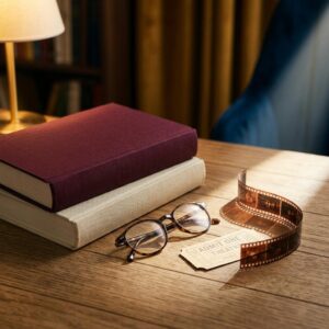 A cozy reading nook bathed in warm light. On a wooden desk sit two hardcover books — one maroon, one beige — beside a pair of brown-framed eyeglasses, two vintage theatre tickets labeled “Admit One,” and a curled strip of photographic film. A soft lamp glows in the background near a bookshelf and golden curtains, creating an atmosphere that blends literature, cinema, and quiet reflection.