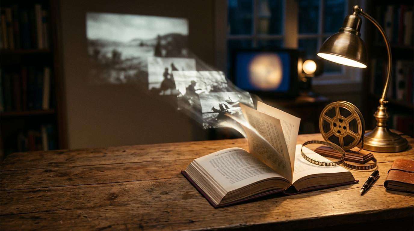 An open book on a wooden desk under a brass lamp appears to project black‑and‑white film scenes onto a wall, with a vintage film reel, pen, and notebook nearby in a warmly lit study.