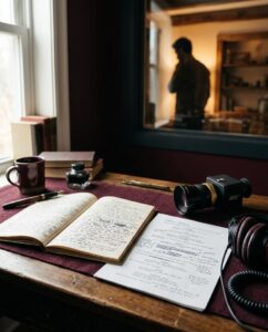 A writer’s desk bathed in soft daylight, capturing the intersection of literature and film. On the wooden surface lie an open notebook filled with handwritten notes, a fountain pen, an ink bottle, and a maroon coffee mug. Beside them rests a marked-up screenplay with edits and annotations, a pair of headphones, and a professional ARRI camera lens — symbols of adaptation and creative translation. Through a window in the background, a man stands thoughtfully in another room lined with shelves, evoking the reflective process of turning words into moving images.
