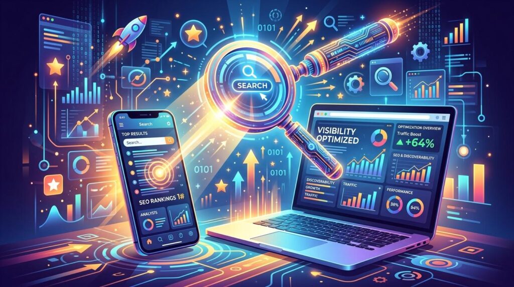 A vibrant digital illustration representing search engine optimization (SEO) and online visibility. The scene features a smartphone and a laptop surrounded by glowing charts, graphs, gears, and binary code. A large magnifying glass labeled “Search” dominates the center, symbolizing data analysis and web discovery. The smartphone screen shows “SEO Rankings #1” and “Top Results,” while the laptop displays analytics dashboards with metrics like “Traffic Boost +64%,” “Visibility Optimized,” and “Performance.” Bright neon colors—blue, orange, and purple—create a futuristic atmosphere emphasizing growth, technology, and digital marketing.