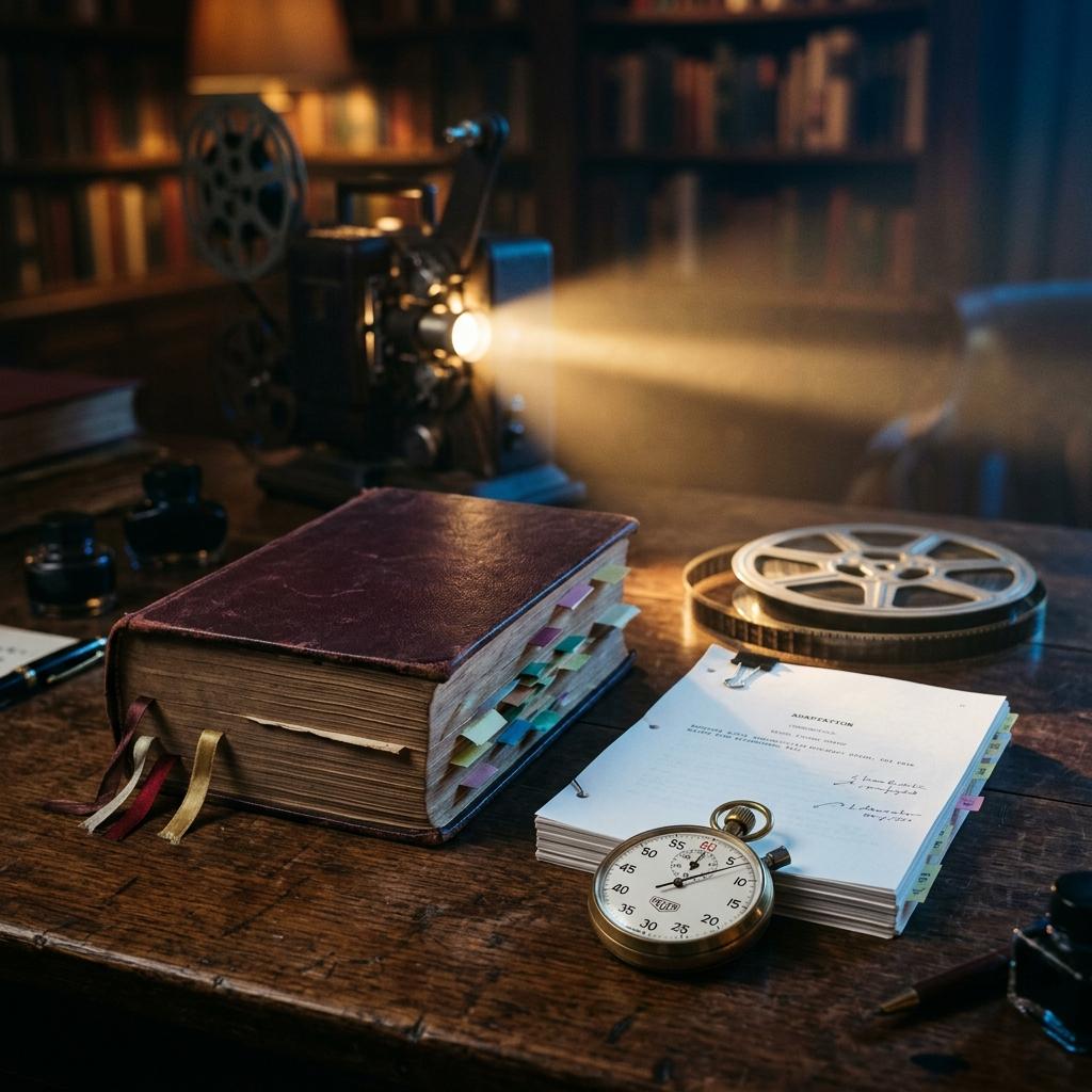 A warmly lit study evokes the creative process of adapting literature into film. On a wooden desk sits a thick, tabbed book with a maroon cover beside a stack of screenplay pages titled “Adaptation” — credited to Charlie Kaufman and based on The Orchid Thief by Susan Orlean. A brass stopwatch rests nearby, symbolizing time and pacing, while a vintage film projector casts a beam of light across the room. A film reel and ink bottles complete the scene, blending the worlds of writing and cinema to illustrate how stories transform — and compress — when moving from page to screen.
