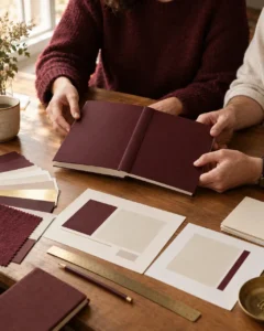 Two people sit at a wooden table reviewing a book with a deep burgundy cover. Around them are fabric swatches, paper samples, and layout mockups in matching burgundy and cream tones, along with a gold ruler, pencil, and notebook. The warm light and coordinated materials suggest a design meeting focused on book aesthetics and production details.