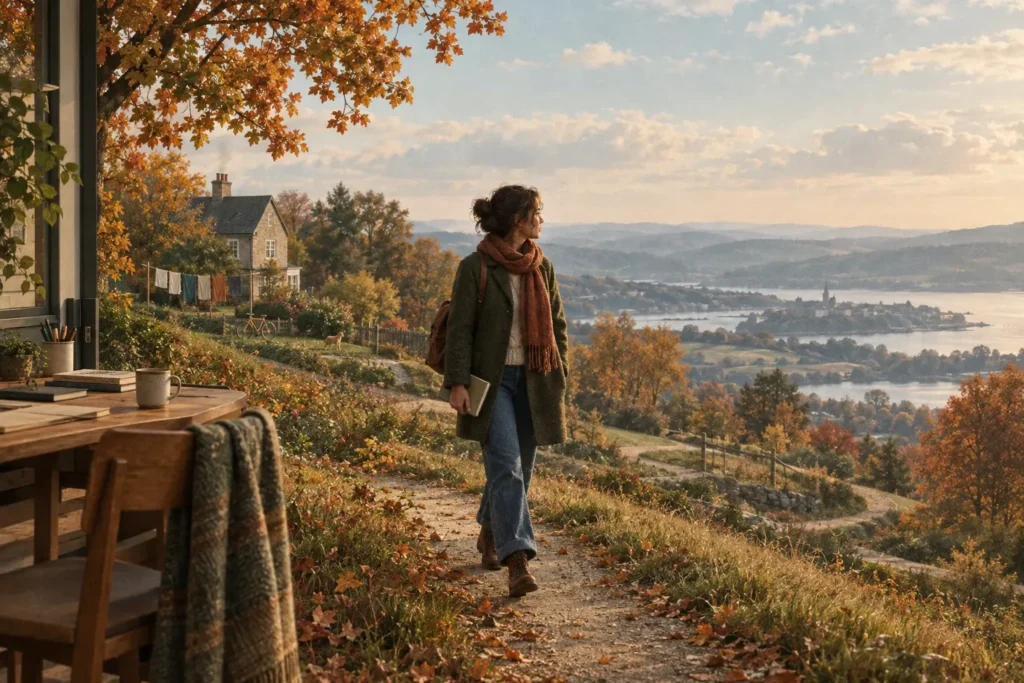 A woman walks along a sunlit hillside path surrounded by autumn foliage, holding a notebook and wearing a long coat, scarf, and backpack. In the foreground, a wooden table with books, a mug, and a blanket sits near an open doorway. Behind her, a stone cottage with colorful laundry hanging outside overlooks a serene valley with lakes, trees, and a distant village featuring a church steeple. The warm golden light and crisp fall colors create a peaceful, reflective atmosphere.