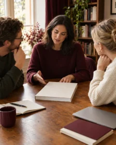 Three people sit around a wooden table in a warmly lit room, engaged in a focused discussion. The woman in the center gestures toward a closed book while the others listen attentively. The table holds notebooks, a laptop, and a coffee mug, with bookshelves and a window in the background, conveying collaboration and creative planning in a comfortable workspace.