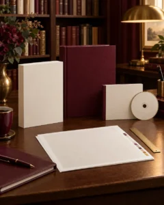 A refined study setting with a wooden desk displaying books, stationery, and design materials. Three hardcover books in cream and burgundy stand upright beside a gold‑rimmed disc, while sheets of paper, a ruler, and a maroon notebook with a pen lie neatly in front. A brass lamp, vase of flowers, and shelves of classic books in the background create a warm, professional atmosphere, evoking thoughtful design and literary craftsmanship.