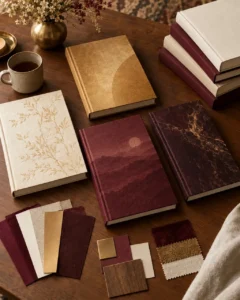 A warm, creative workspace featuring several hardcover books in rich burgundy, gold, and cream tones arranged on a wooden table. Each book showcases unique textures and patterns—botanical, marbled, and landscape designs—alongside coordinated fabric, paper, and metallic swatches. A cup of tea and a brass vase with dried flowers complete the scene, evoking craftsmanship and design harmony.