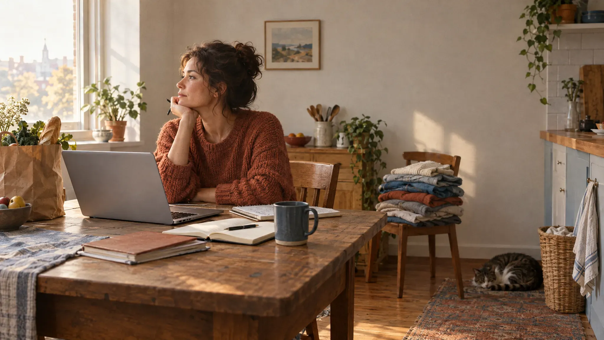 A woman with curly hair tied up, wearing a rust-colored knitted sweater, sits at a wooden table in a cozy, sunlit kitchen. She gazes thoughtfully out the window beside her laptop, notebook, and mug. On the table are books and a paper grocery bag with fresh produce. Behind her, a chair holds a neatly folded stack of clothes, and a cat sleeps curled up on a patterned rug near a woven basket. The room is decorated with plants, wooden furniture, and warm natural light, creating a calm, homely atmosphere.