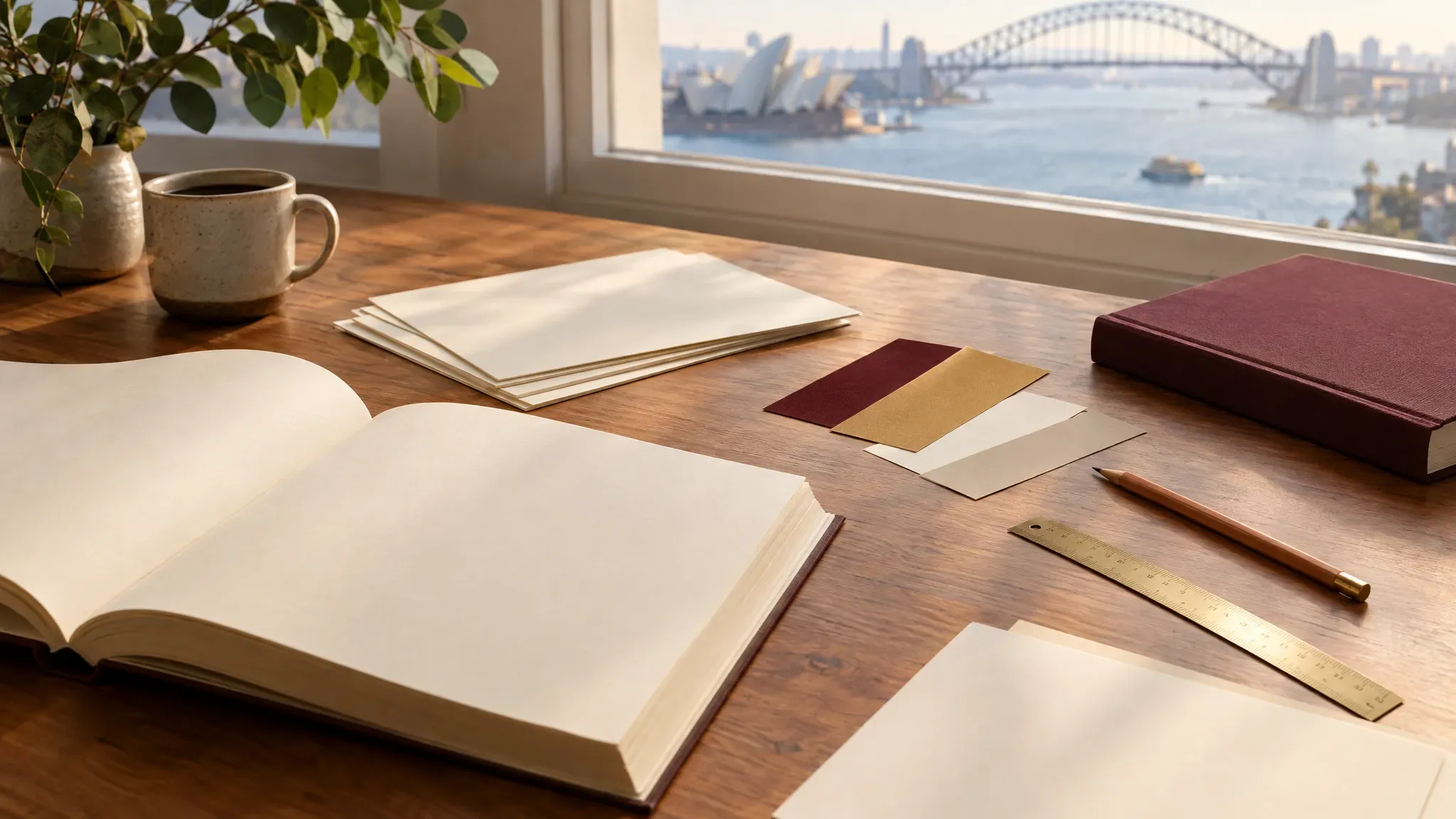 An open sketchbook and writing materials sit on a wooden desk beside a coffee mug and potted plant, with Sydney Harbour Bridge and the Opera House visible through the window in soft morning light