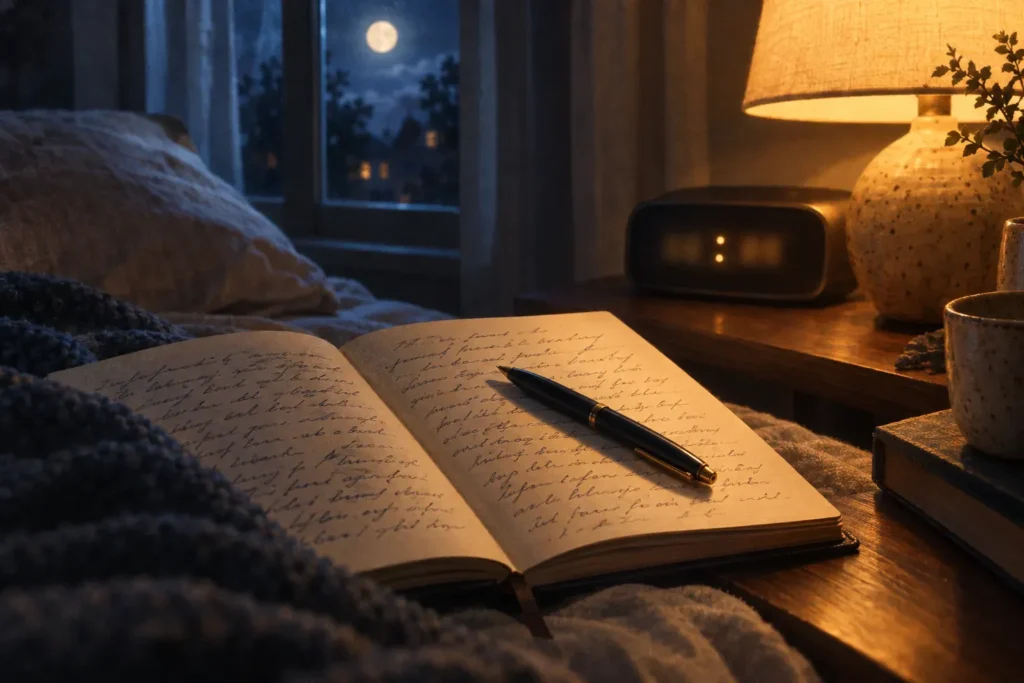 A cozy nighttime scene shows an open journal resting on a bed covered with a knitted blanket. A black pen lies across the handwritten pages filled with cursive writing. Warm light from a bedside lamp softly illuminates the notebook, a ceramic mug, and a small plant on the wooden nightstand. Through the window, a full moon glows in the dark blue sky above silhouetted trees and houses, creating a tranquil, reflective atmosphere.